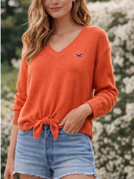 Hollister Sweaters - Hollister Coral Orange V Neck Sweater Lightweight Knit Size S Relaxed Fit